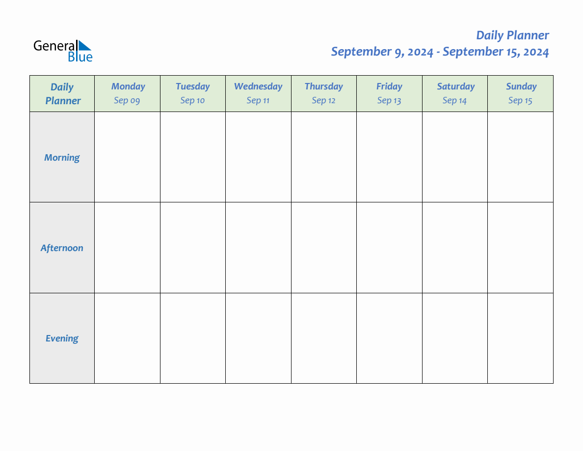 Daily Planner for September 9, 2024 to September 15, 2024