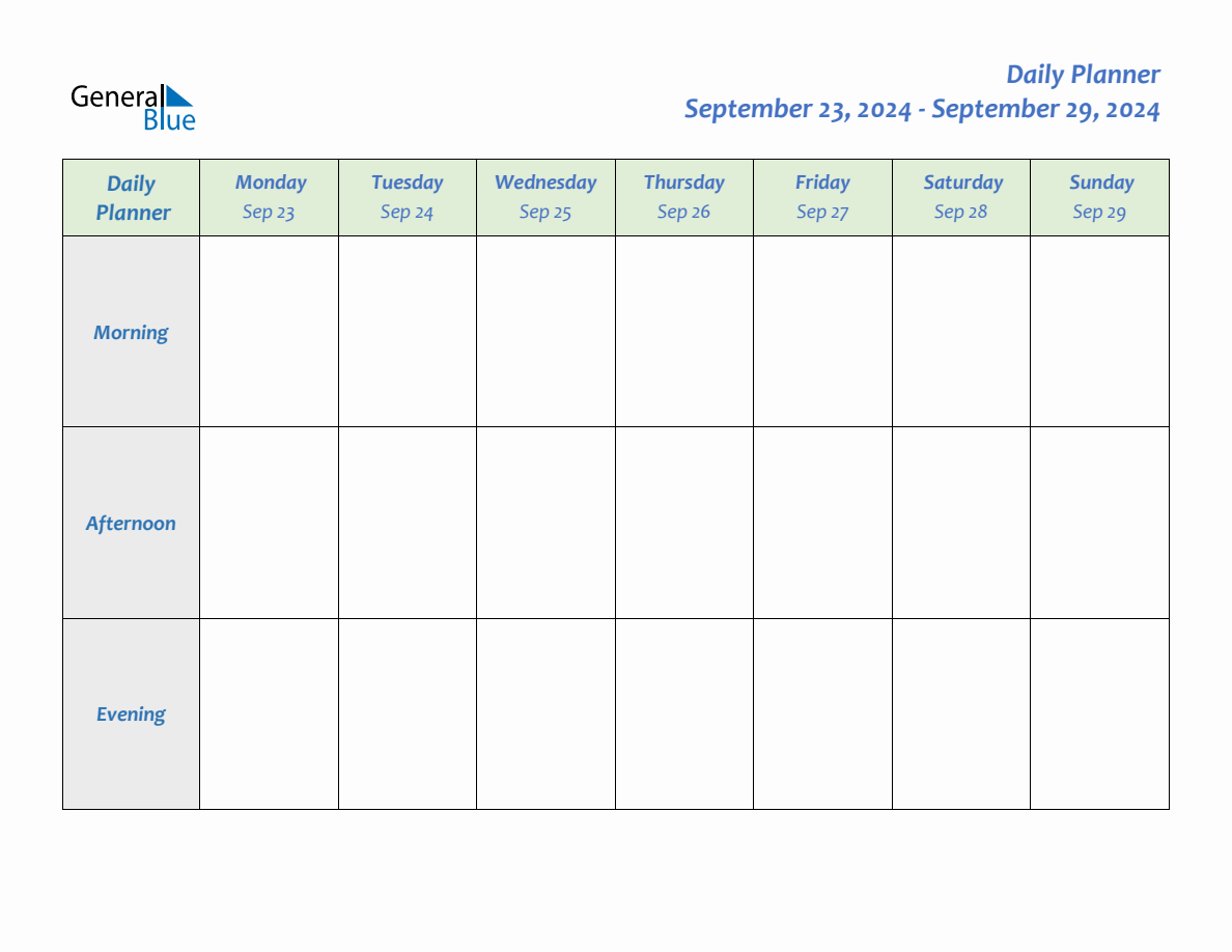 Daily Planner for September 23, 2024 to September 29, 2024