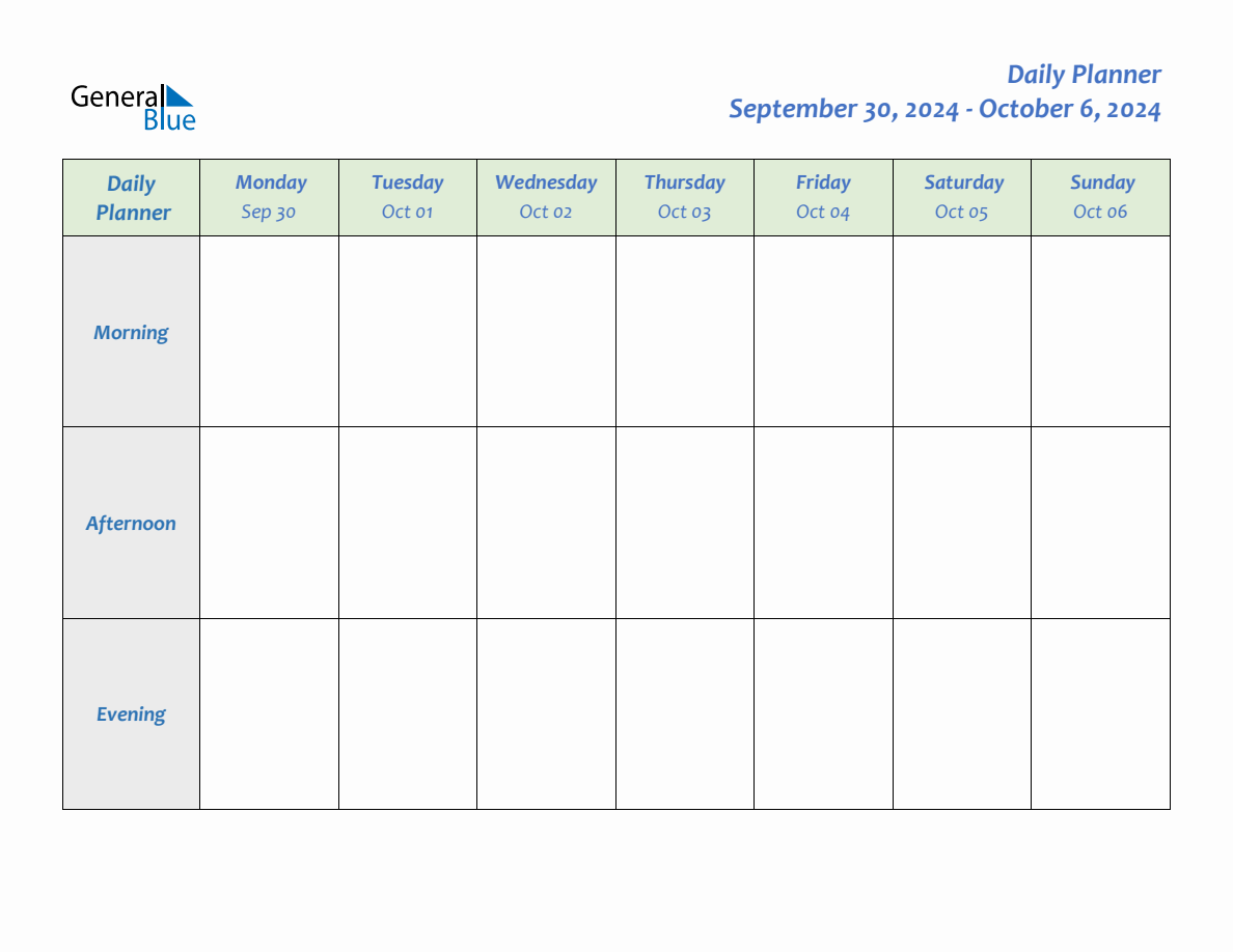 Daily Planner for September 30, 2024 to October 6, 2024
