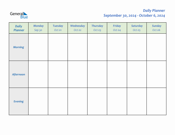 Weekly Calendar with Monday Start for Week 40 (September 30, 2024 to