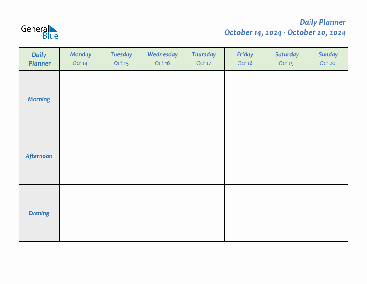 Daily Planner for October 14, 2024 to October 20, 2024