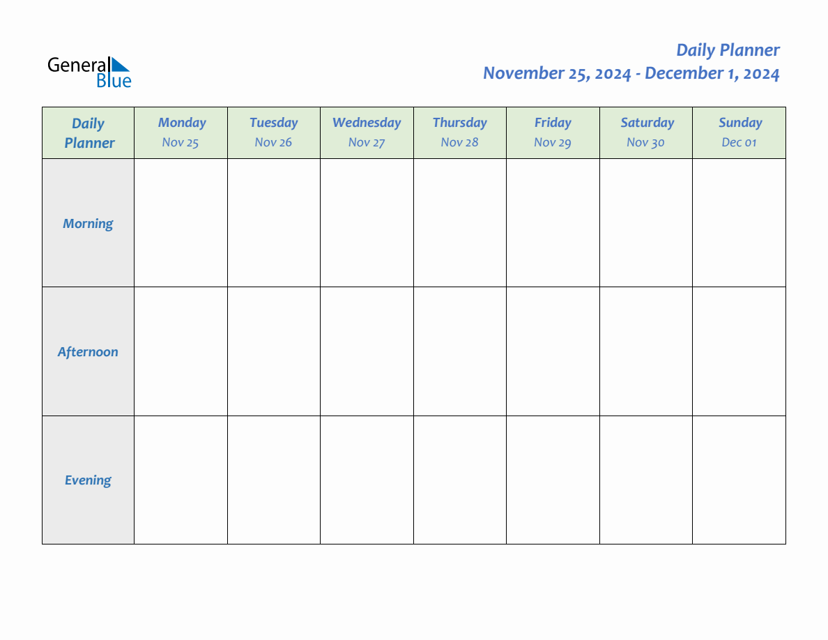 Daily Planner for November 25, 2024 to December 1, 2024