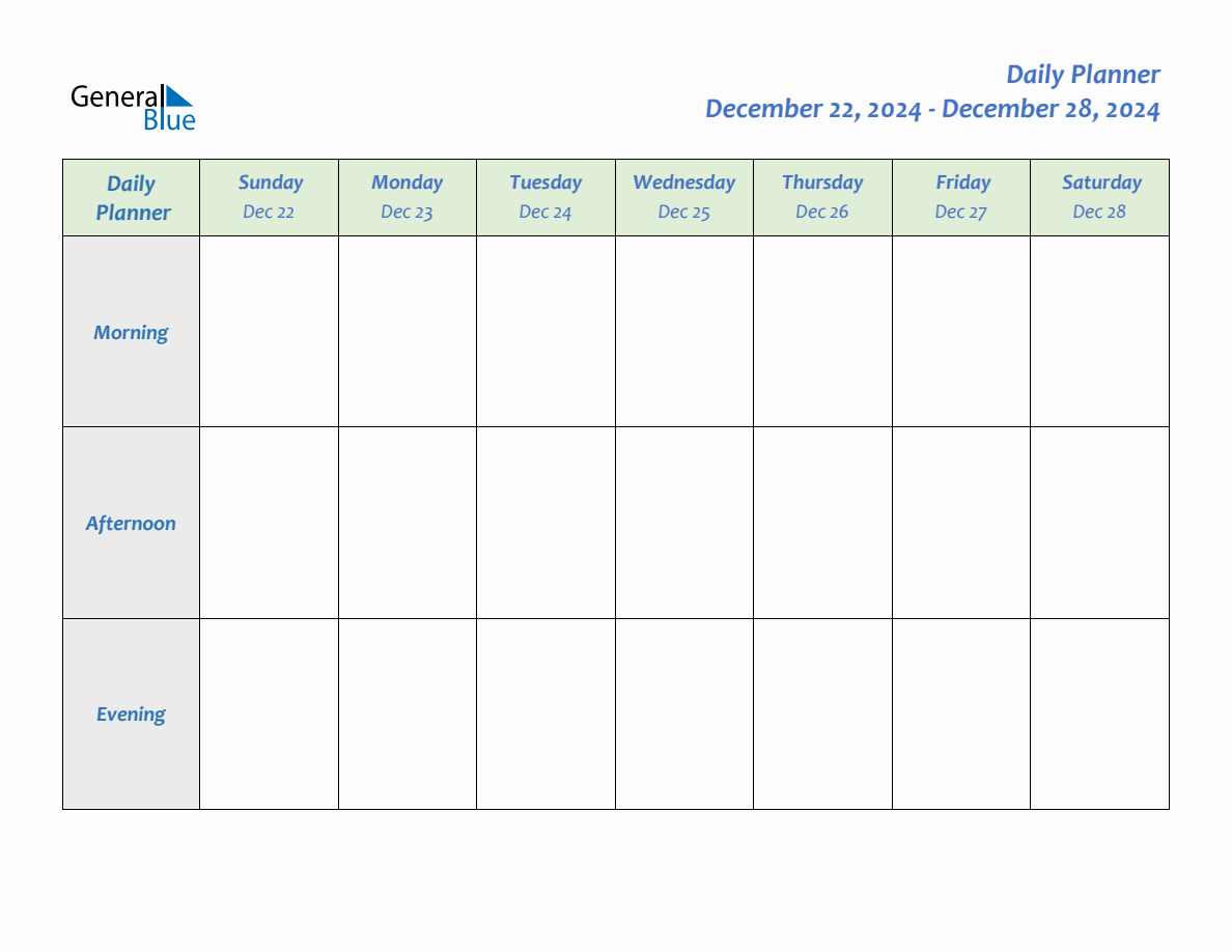 Daily Planner for December 22, 2024 to December 28, 2024