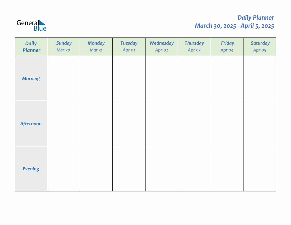 Daily Planner for March 30, 2025 to April 5, 2025