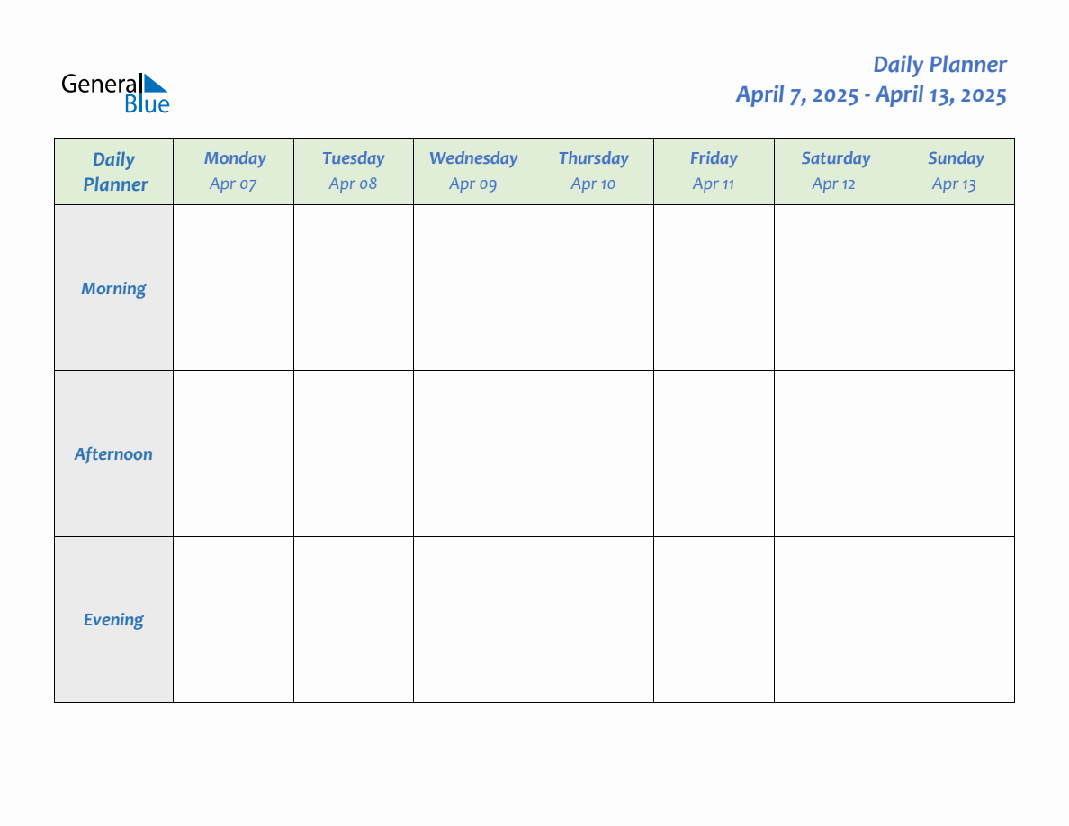 Daily Planner for April 7, 2025 to April 13, 2025