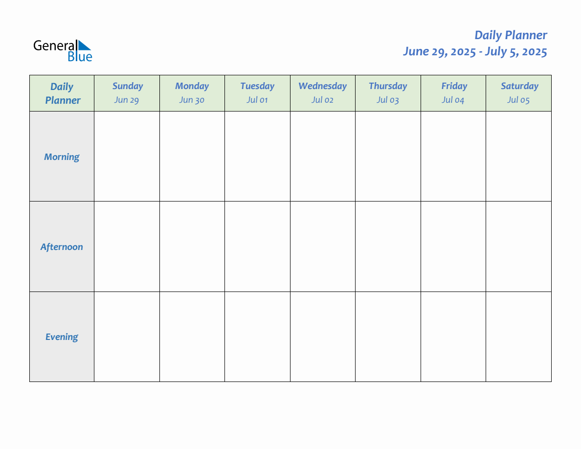 Daily Planner for June 29, 2025 to July 5, 2025