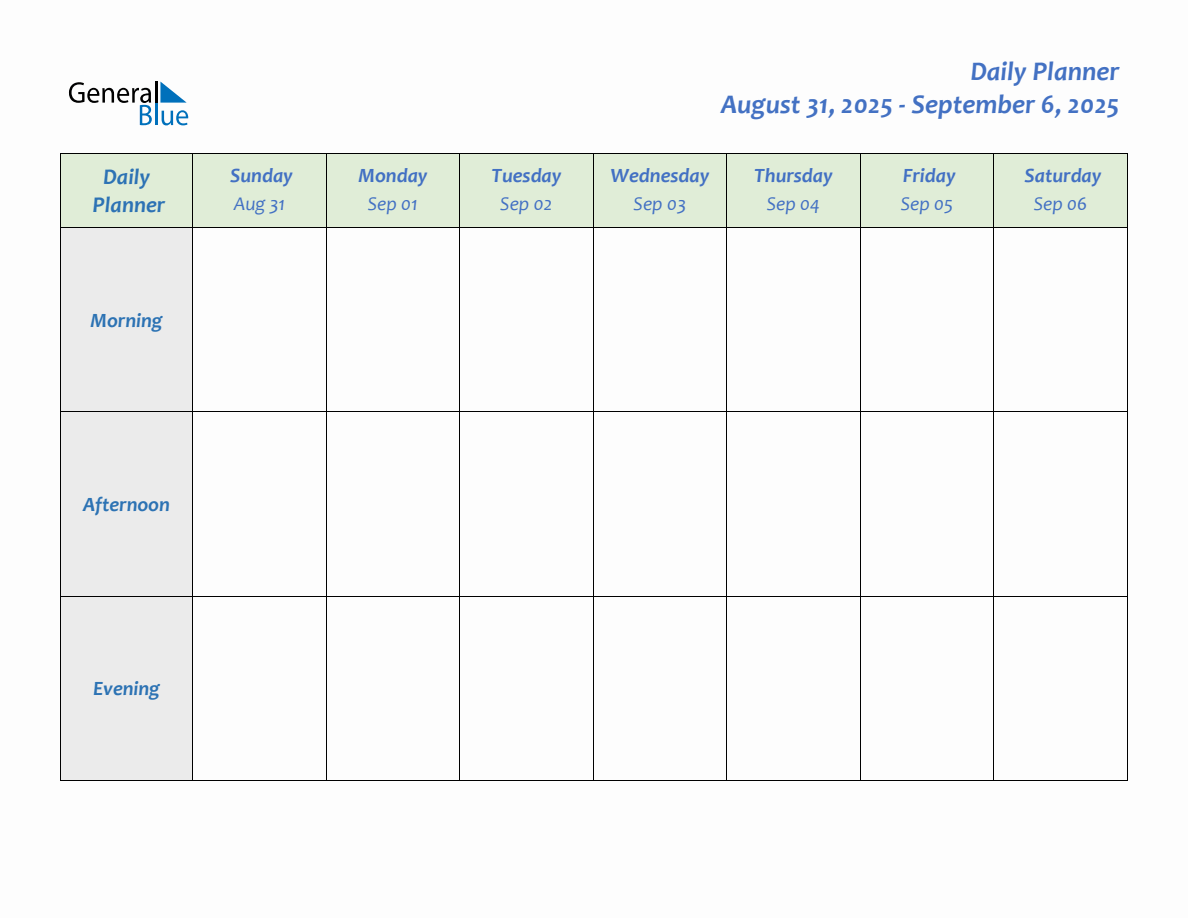 Daily Planner for August 31, 2025 to September 6, 2025