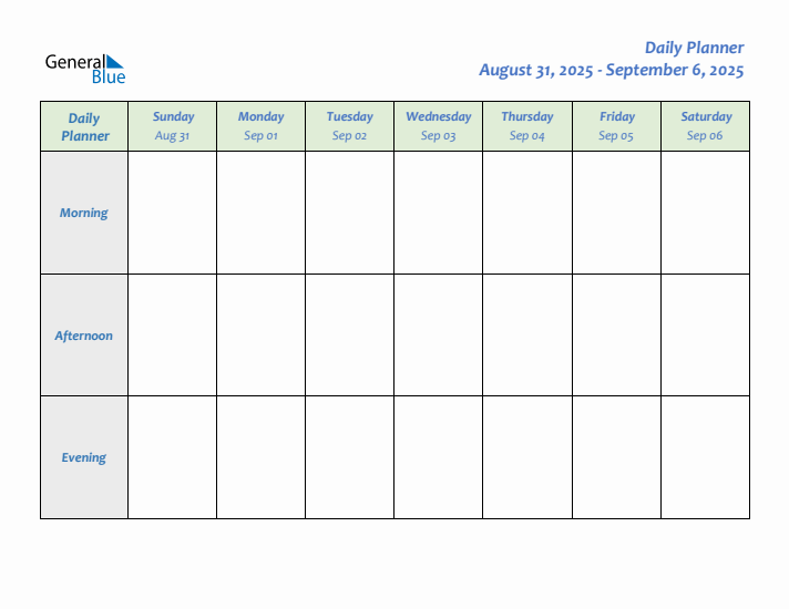 Daily Planner With Sunday Start for Week 36 of 2025