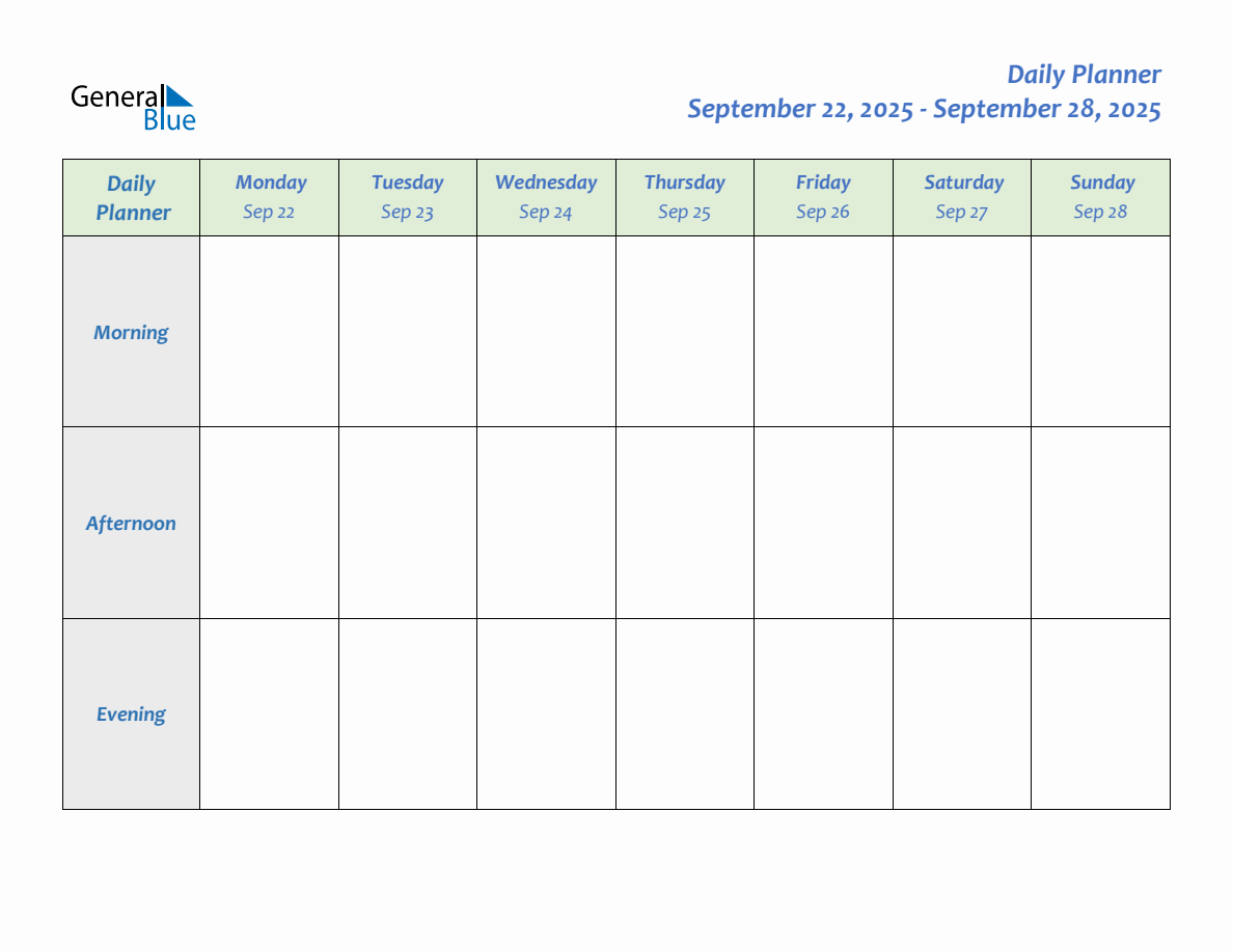 Daily Planner for September 22, 2025 to September 28, 2025