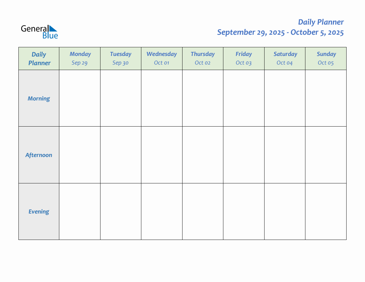 Daily Planner for September 29, 2025 to October 5, 2025