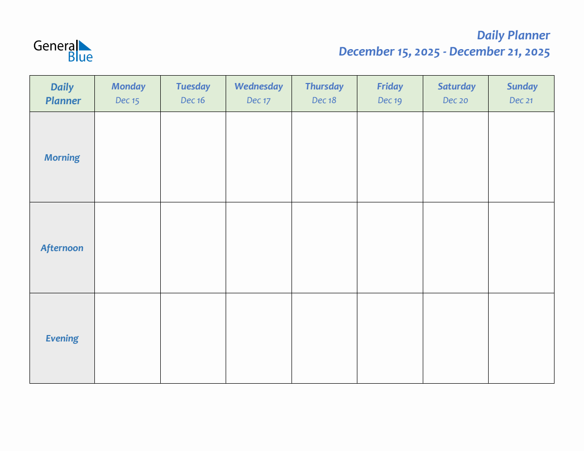 Daily Planner for December 15, 2025 to December 21, 2025