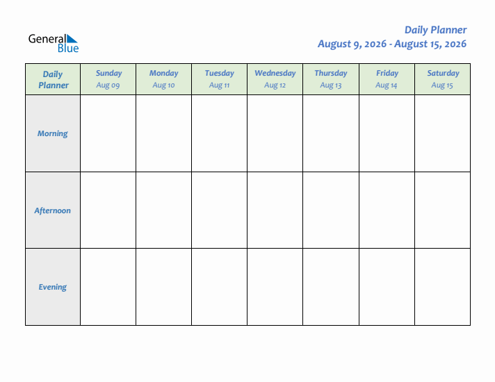 Daily Planner With Sunday Start for Week 33 of 2026