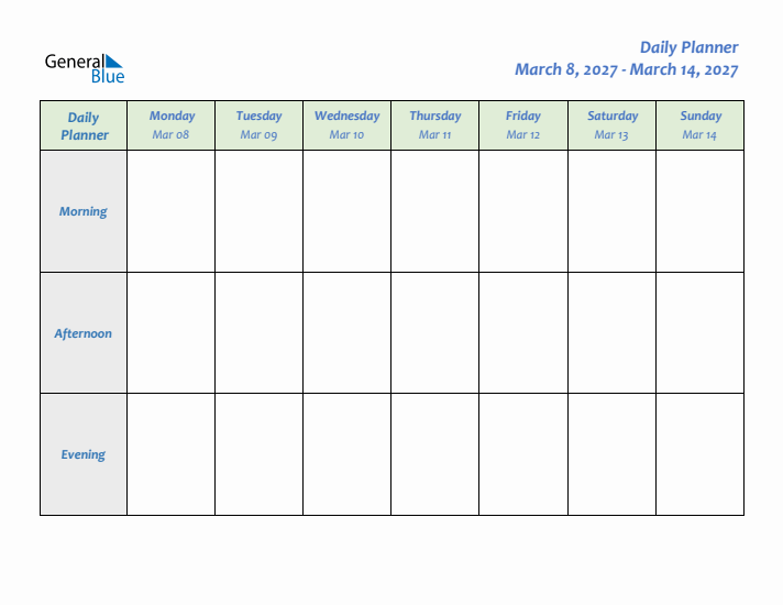 Daily Planner With Monday Start for Week 10 of 2027