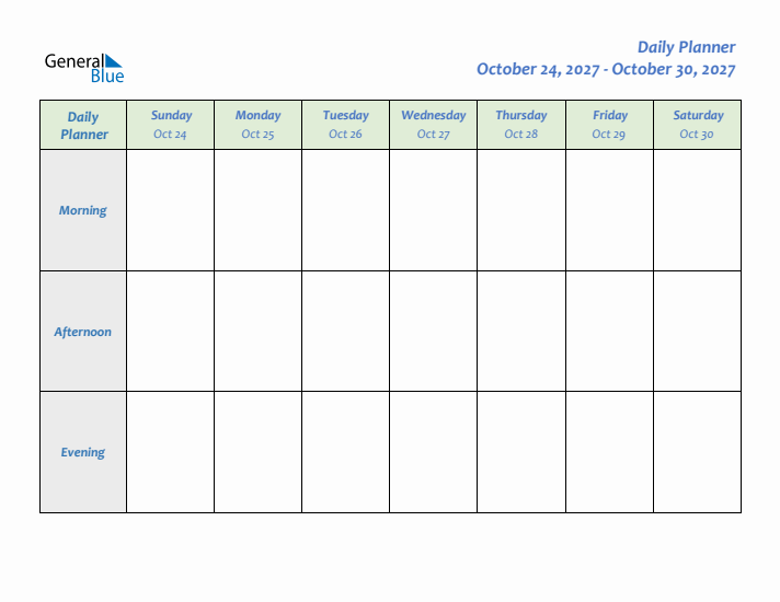 Daily Planner With Sunday Start for Week 44 of 2027