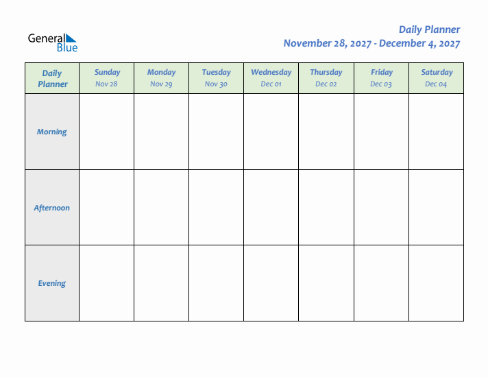 Daily Planner With Sunday Start for Week 49 of 2027