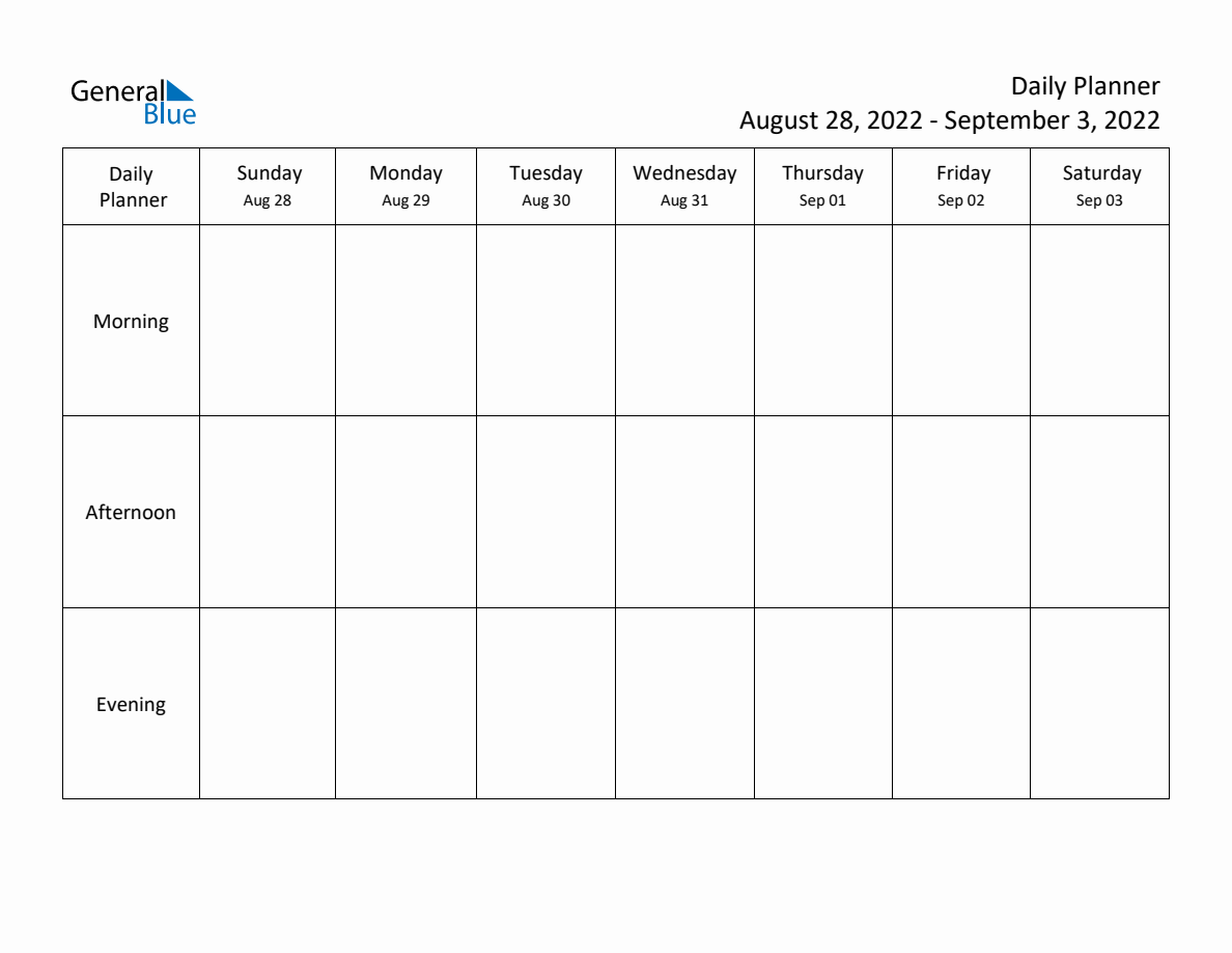 Daily Weekly Planner Template for the Week of August 28