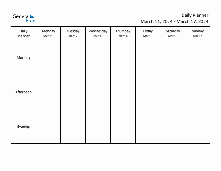 Weekly Calendar with Monday Start for Week 11 (March 11, 2024 to March