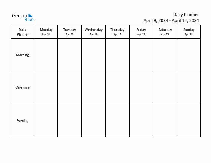 Weekly Calendar with Monday Start for Week 15 (April 8, 2024 to April
