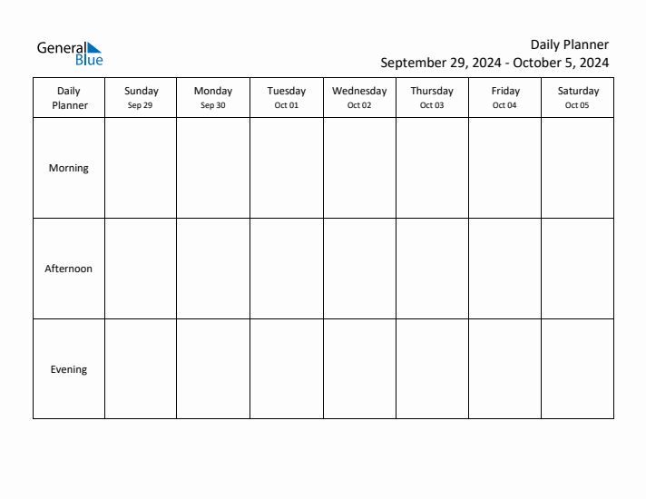 Weekly Calendar September 29, 2024 to October 5, 2024 (PDF, Word
