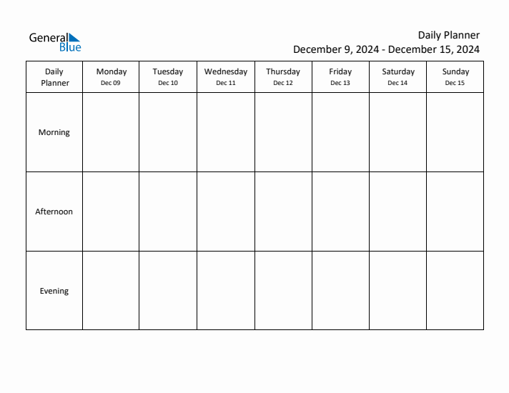 Weekly Calendar with Monday Start for Week 50 (December 9, 2024 to