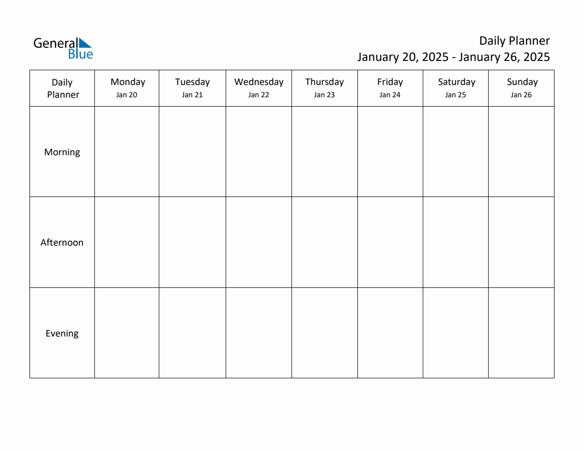 Daily Weekly Planner Template for the Week of January 20