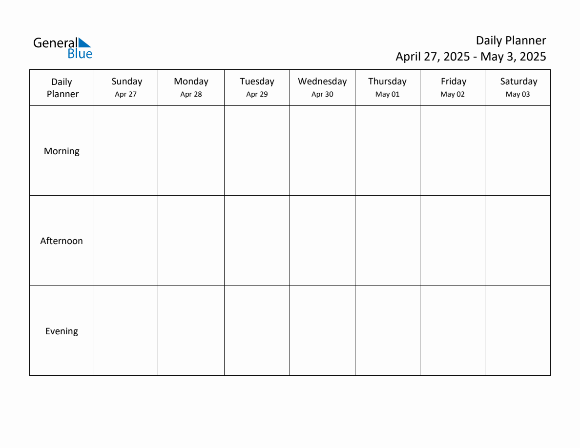 Daily Weekly Planner Template for the Week of April 27