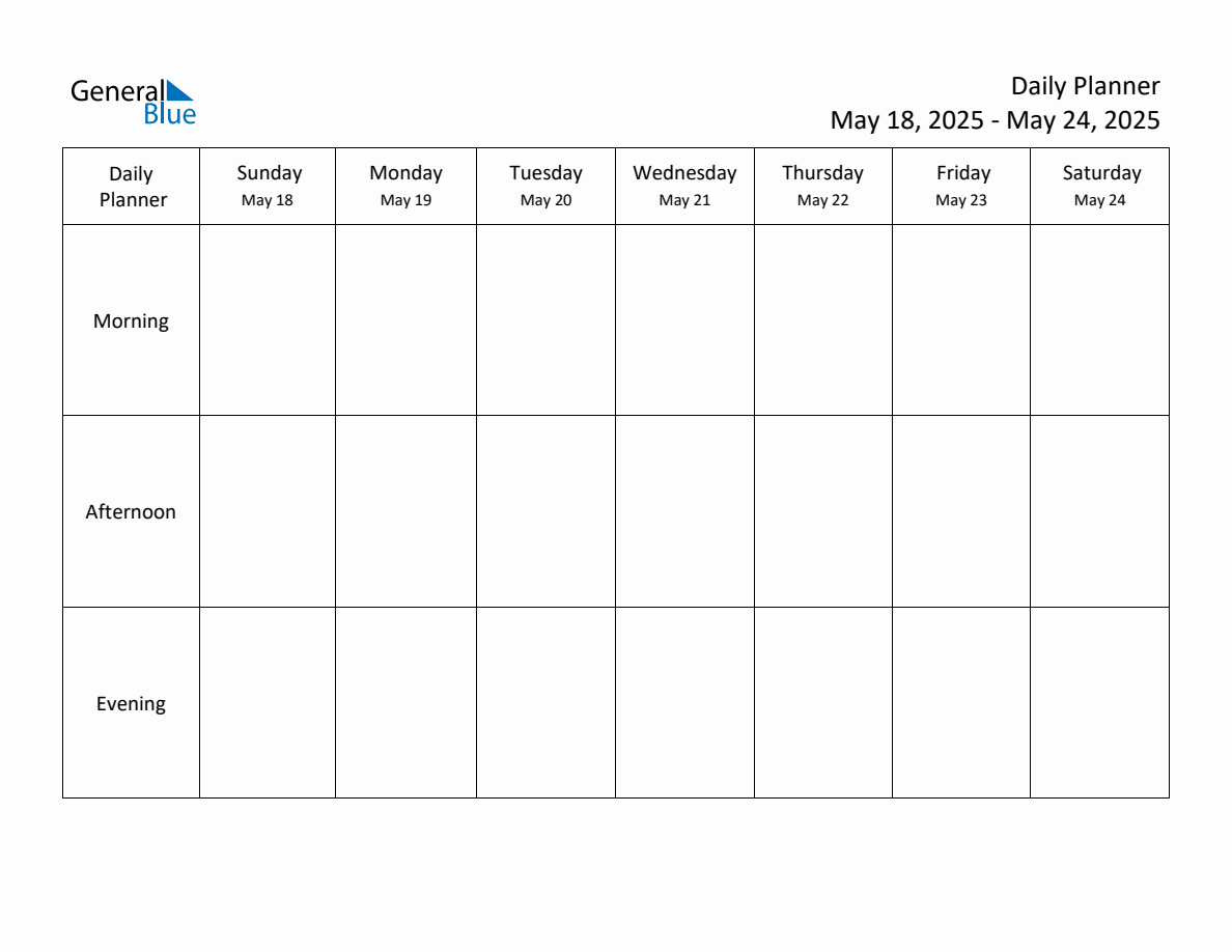 Daily Weekly Planner Template for the Week of May 18