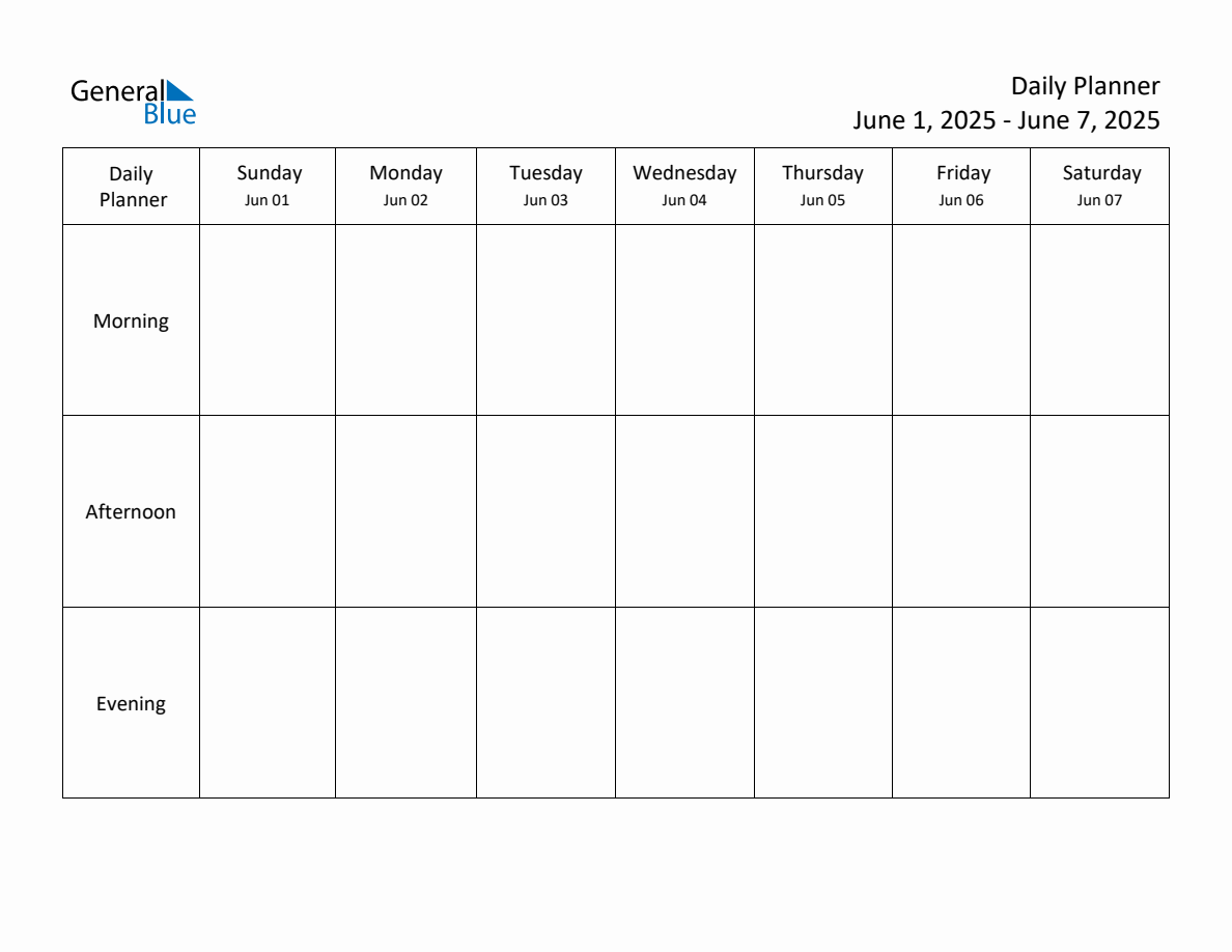 Daily Weekly Planner Template for the Week of June 1