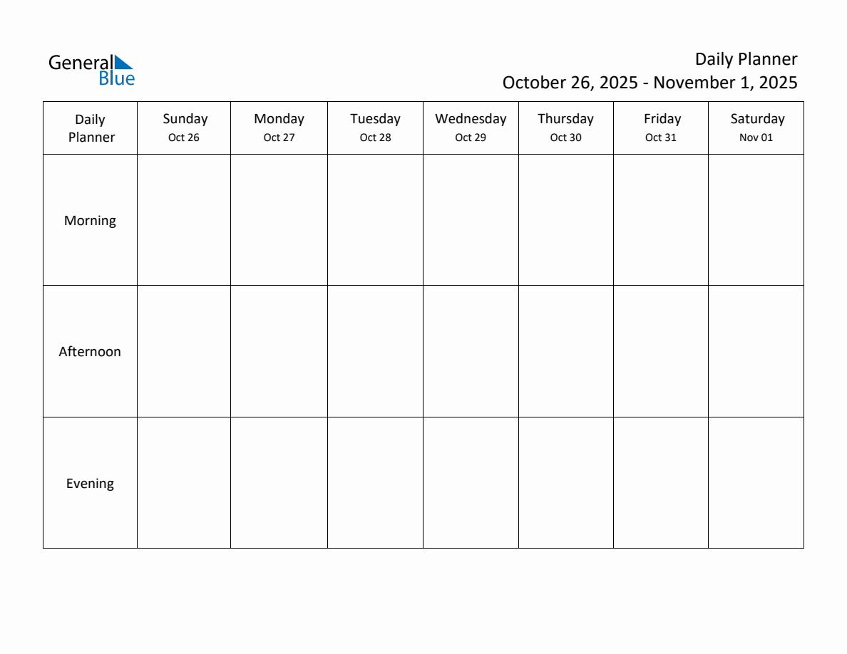 Daily Weekly Planner Template for the Week of October 26