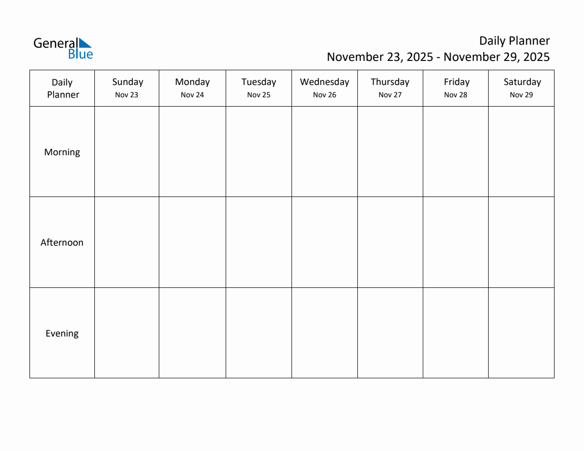 Daily Weekly Planner Template for the Week of November 23