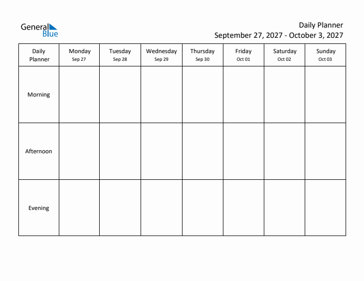 Weekly Planner with Morning, Afternoon, and Evening Sections