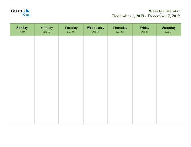 Weekly Calendar December 1 2019 To December 7 2019 Pdf Word Excel