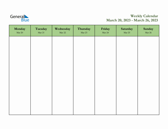 Weekly Calendar with Monday Start for Week 12 (March 20 2023 to March