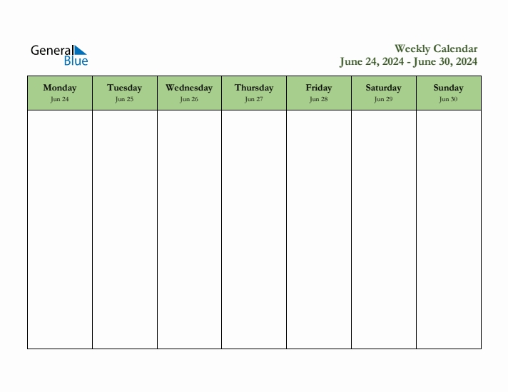 Weekly Calendar with Monday Start for Week 26 (June 24, 2024 to June 30
