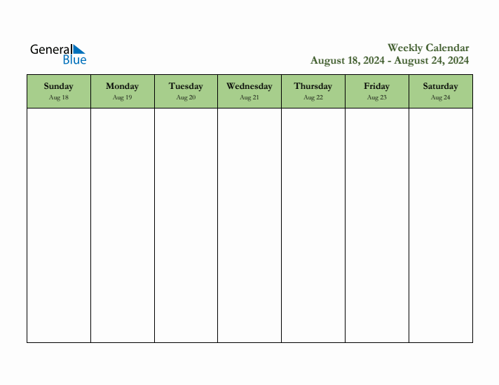 Free Printable Weekly Planner for August 18 to August 24, 2024