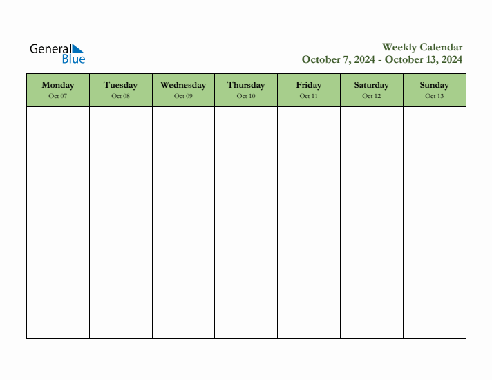 Weekly Calendar with Monday Start for Week 41 (October 7, 2024 to