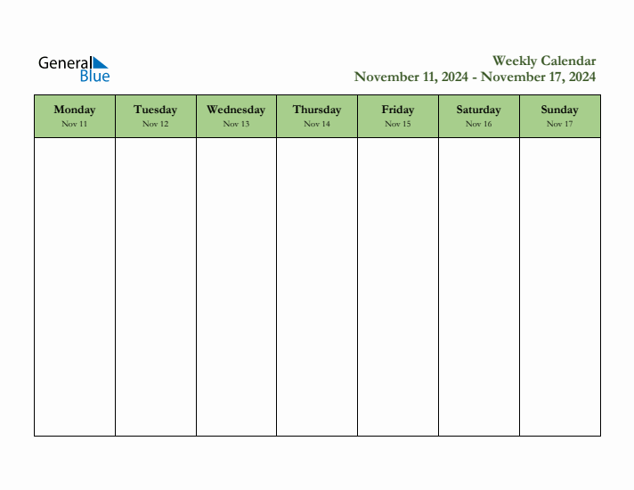 Weekly Calendar with Monday Start for Week 46 (November 11, 2024 to