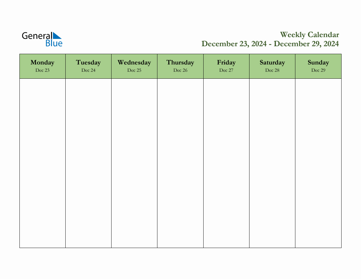 Free Printable Weekly Planner for December 23 to December 29, 2024