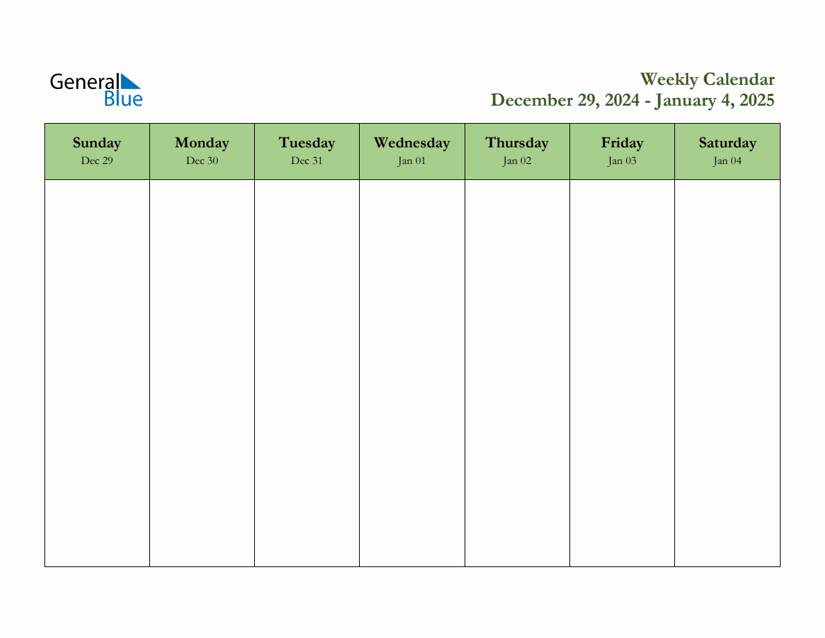 Free Printable Weekly Planner for December 29 to January 4, 2025