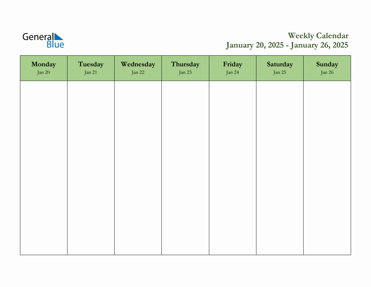 Free Printable Weekly Planner for January 20 to January 26, 2025