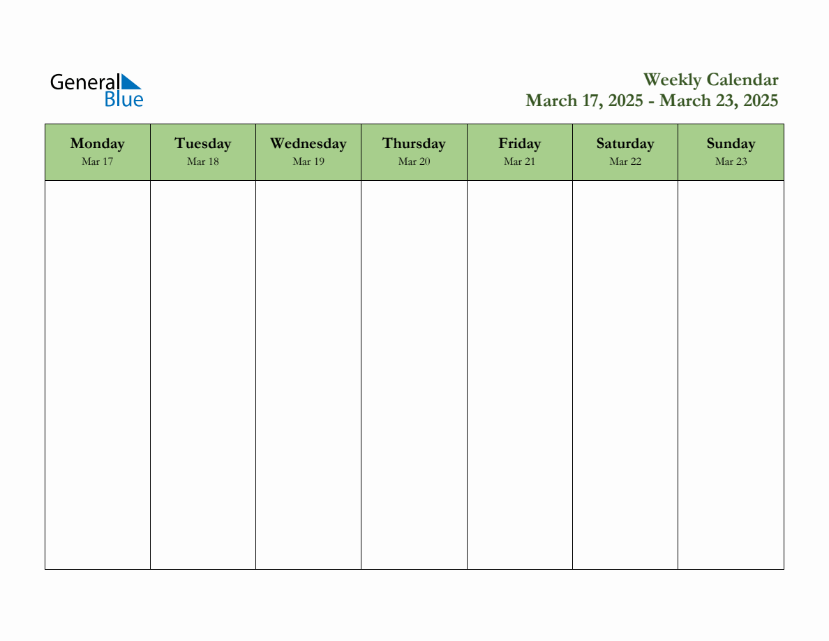 Free Printable Weekly Planner for March 17 to March 23, 2025