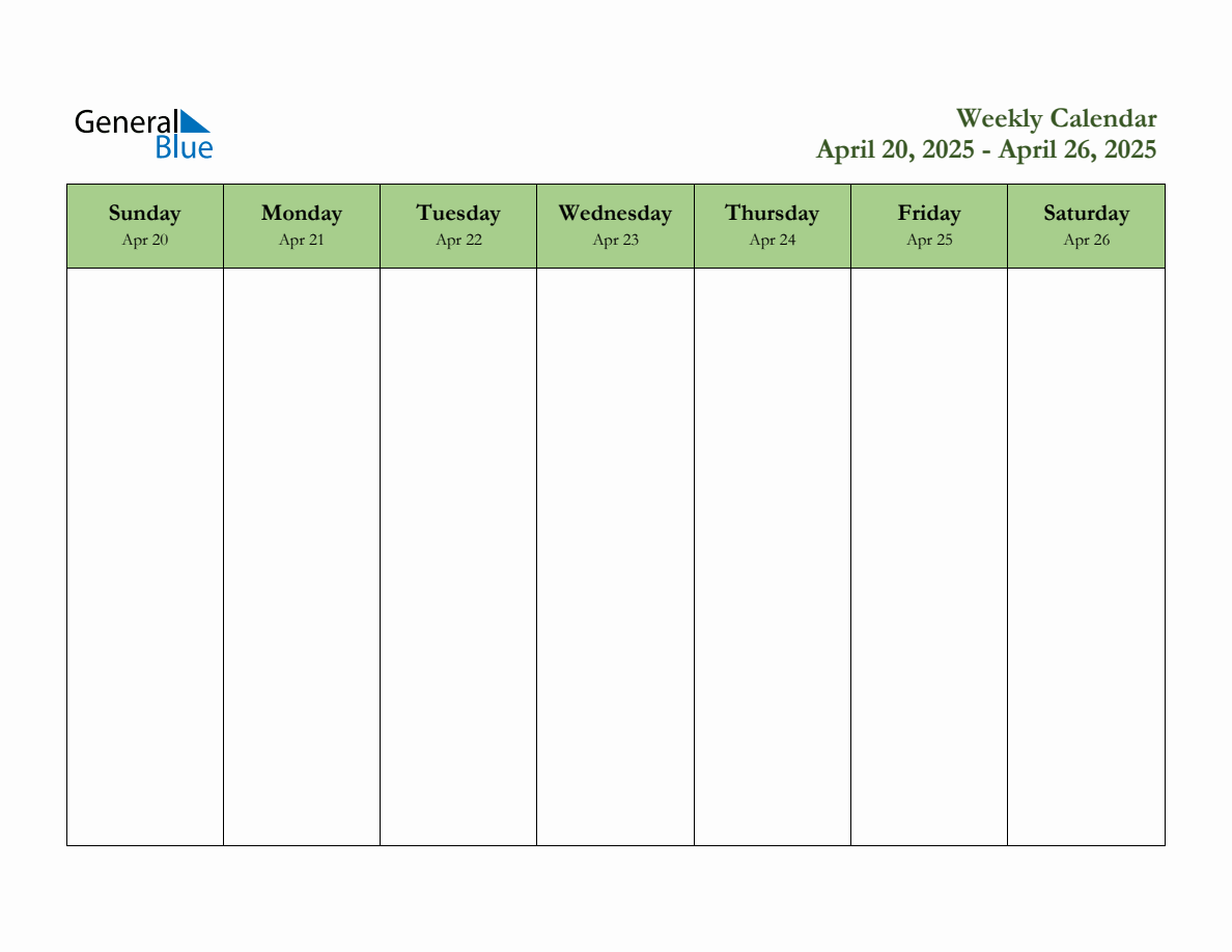 Free Printable Weekly Planner for April 20 to April 26, 2025