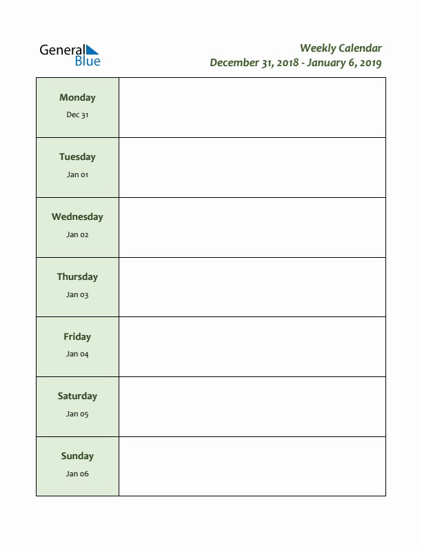 Weekly Customizable Planner - December 31 to January 6, 2019