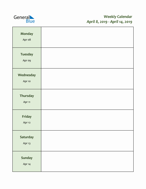 Weekly Customizable Planner - April 8 to April 14, 2019