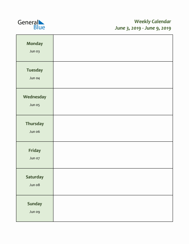 Weekly Customizable Planner - June 3 to June 9, 2019