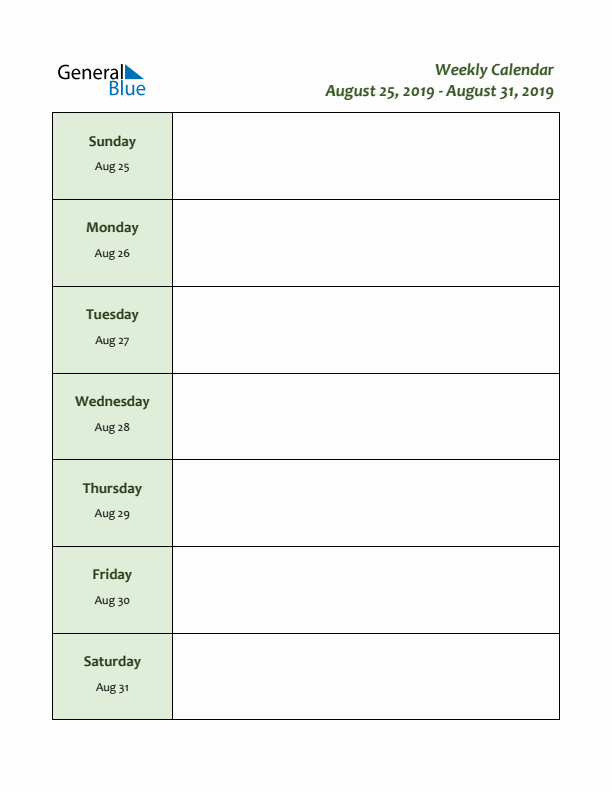Weekly Customizable Planner - August 25 to August 31, 2019