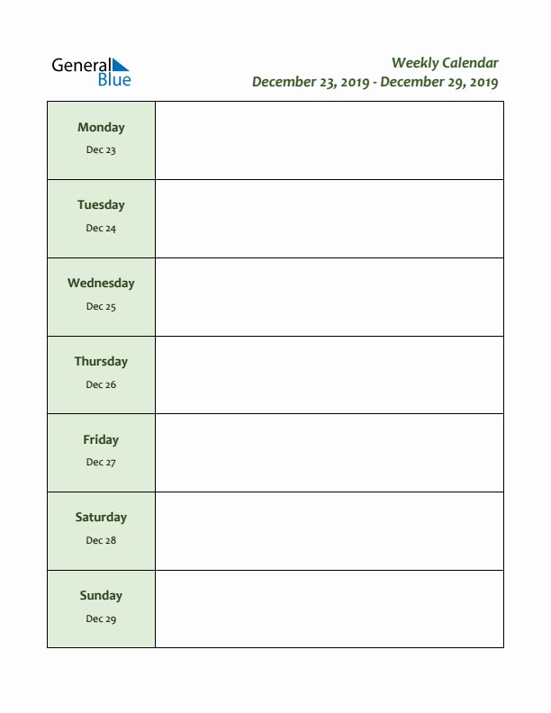 Weekly Customizable Planner - December 23 to December 29, 2019