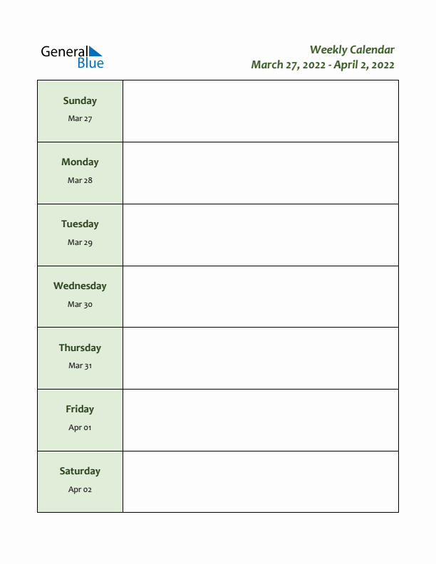 Weekly Customizable Planner - March 27 to April 2, 2022