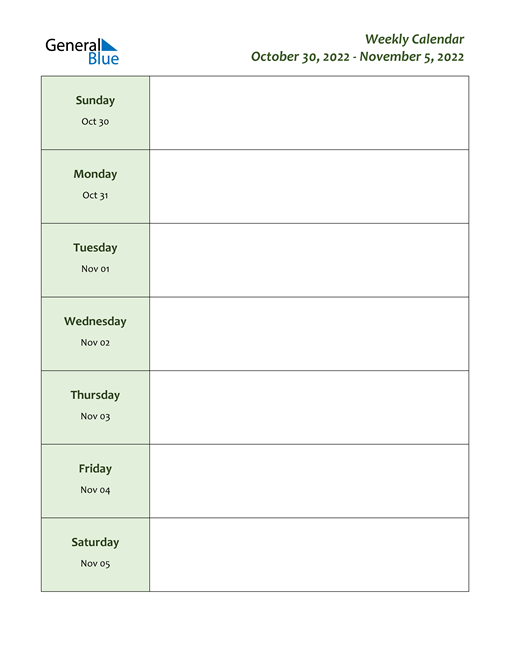 Weekly Calendar - October 30, 2022 to November 5, 2022 - (PDF, Word, Excel)