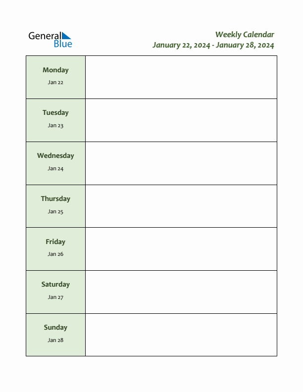 Weekly Calendar with Monday Start for Week 4 (January 22, 2024 to